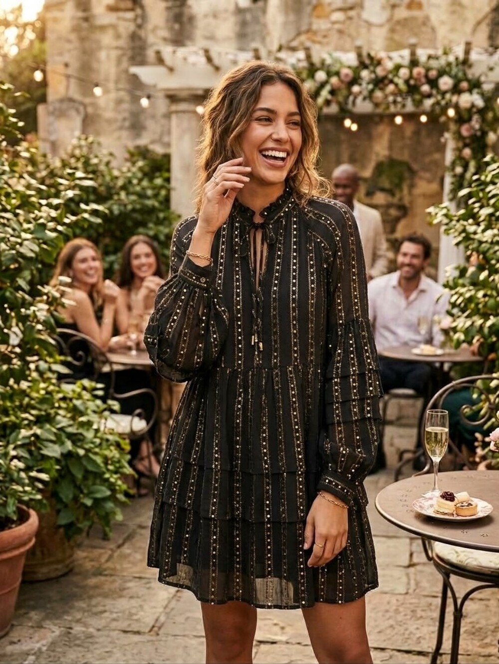 Anthropologie Black Gold Metallic Sequin Tiered Mini Dress | Size S